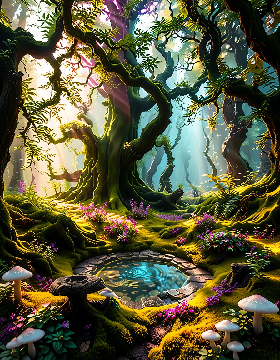 A magical, enchanted forest,3nch4nt3d f0r3st bathed in soft, ethereal light. Towering ancient trees with twisted, gnarled branches stretch towards the sky, their leaves glowing faintly with bioluminescent hues of green and blue. The forest floor is lush with vibrant moss and scattered with luminous mushrooms of various colorsâpink, purple, and orangeâthat emit a soft, otherworldly glow. Golden and purple light filters through the dense canopy above, casting dappled patterns on the ground.
In the heart of the scene, a small, glowing orb hovers just above the moss, radiating warmth and subtle sparkles. Fireflies drift lazily through the air, leaving faint trails of light behind them. The atmosphere feels mystical and serene, as if this forest is alive with ancient magic. The overall lighting is dreamy, with a harmonious blend of soft pink, purple, and green tones that enhance the enchanted quality of the scene..<lora:SDXLFaeTastic2400:0.4> <lora:extremely_detailed:0.4> extremely detailed, <lora:3nch4nt3d_f0r3st:1>, Masterpiece,best quality,hi res,8k,hi res,8k,award winning,(sharp focus, intricate, highly detailed),