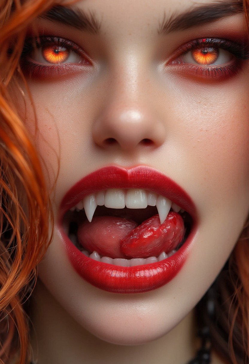 Midjourney_Whisper,A close-up of a woman. She has deep orange eyes and black sclera. She has detailed skin and a very long demonic tongue. orange hair. Her tongue is long and forked like a snake. Her tongue is curly and are touching her plump lips, lip filler, vibrant red blood flowers  symbolizing beauty and growth. big lips, bimbo lips, The flowers are red like blood blending harmoniously with the natural lip color. Vampire teeth, vampire fangs, long fangs. The scene is highly detailed, with a focus on the soft texture of the lips and the rich. The background is softly blurred, drawing attention to the blooming effect around the lips.