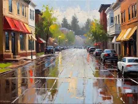 Impressionist painting impressionist art, acrylic oil painting, in the style of Darren Thompson, loose expressive brushwork, figurative art, abstract art, textured brush strokes, illustrative, expressive, rich textures and luminous effects, earth tone colors, opulent whites, a street scene in a quiet American suburb, rainy daytime, no humans, dynamic lighting, complementary colors, shallow depth of field, painterly, artistic, hyper-realistic <lora:ArtLover_Acrylic_Gouache_v1-000009:0.07>, realistic . Loose brushwork, vibrant color, light and shadow play, captures feeling over form