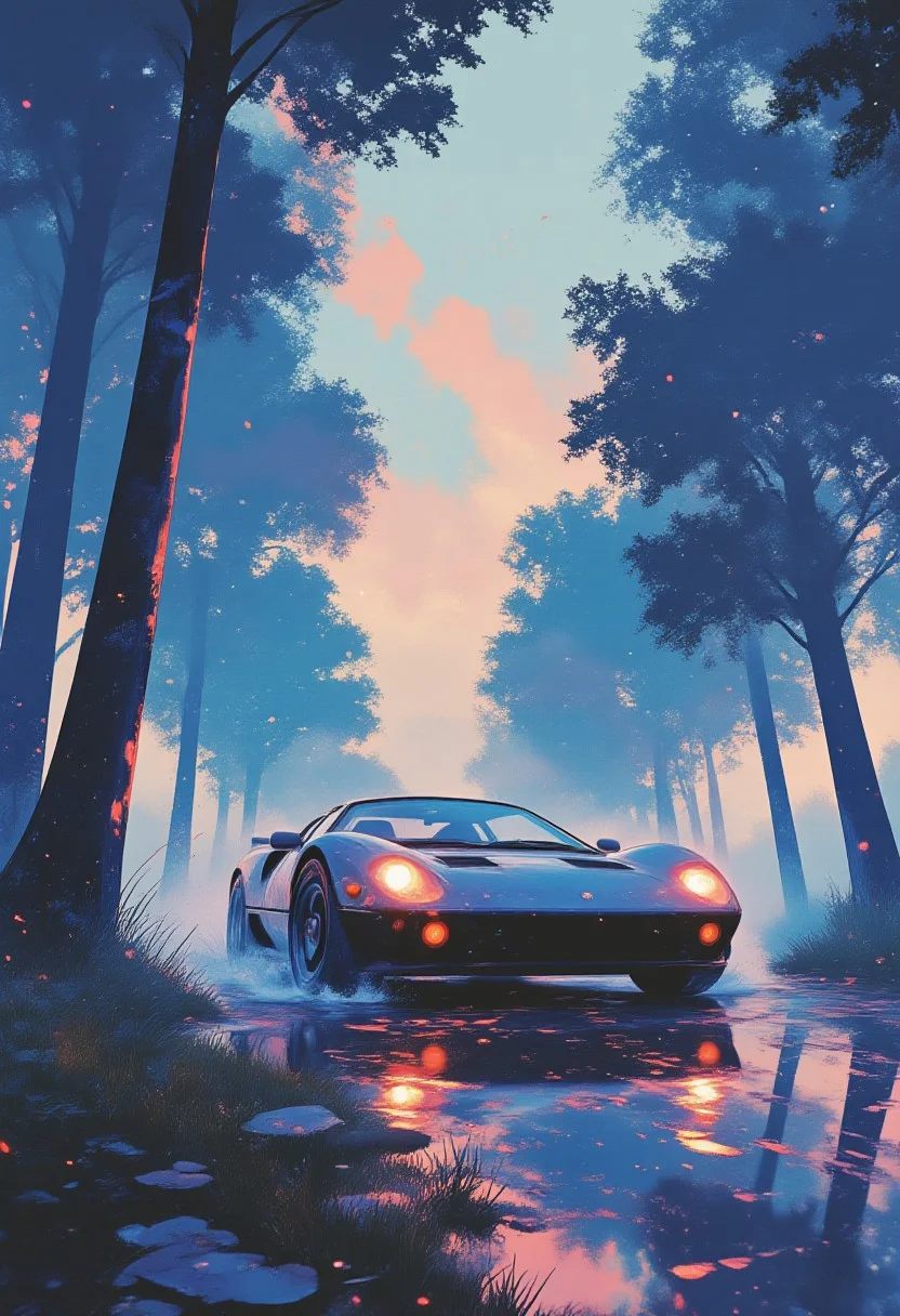 Jeddtlv3, aidmamj6.1, A luxurious blue sports car driving through an enchanted forest, with glowing trees and soft, pastel-colored fog creating a magical ambiance