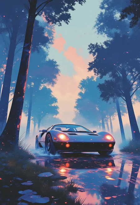 Jeddtlv3, aidmamj6.1, A luxurious blue sports car driving through an enchanted forest, with glowing trees and soft, pastel-colored fog creating a magical ambiance