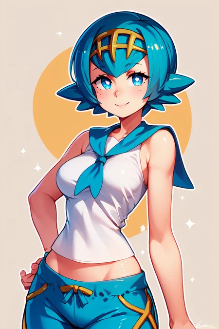 score_9, score_8_up, score_8, medium breasts, (curvy), cute, eyelashes, ,,, zzLana, blue eyes, short hair, bright pupils, yellow hairpiece, white shirt, sleeveless shirt, sailor collar, blue pants, baggy pants, <lora:Shamonabe_Lana_PDXL:0.8>, ,,, smile, looking at viewer, abstract background, white outline, ,,, embedding:zPDXL, Expressiveh, <lora:CatalystStylePDXL:0.6>, <lora:SDXLFaeTastic2400:0.5>, <lora:Expressive_H-000001:0.4>,