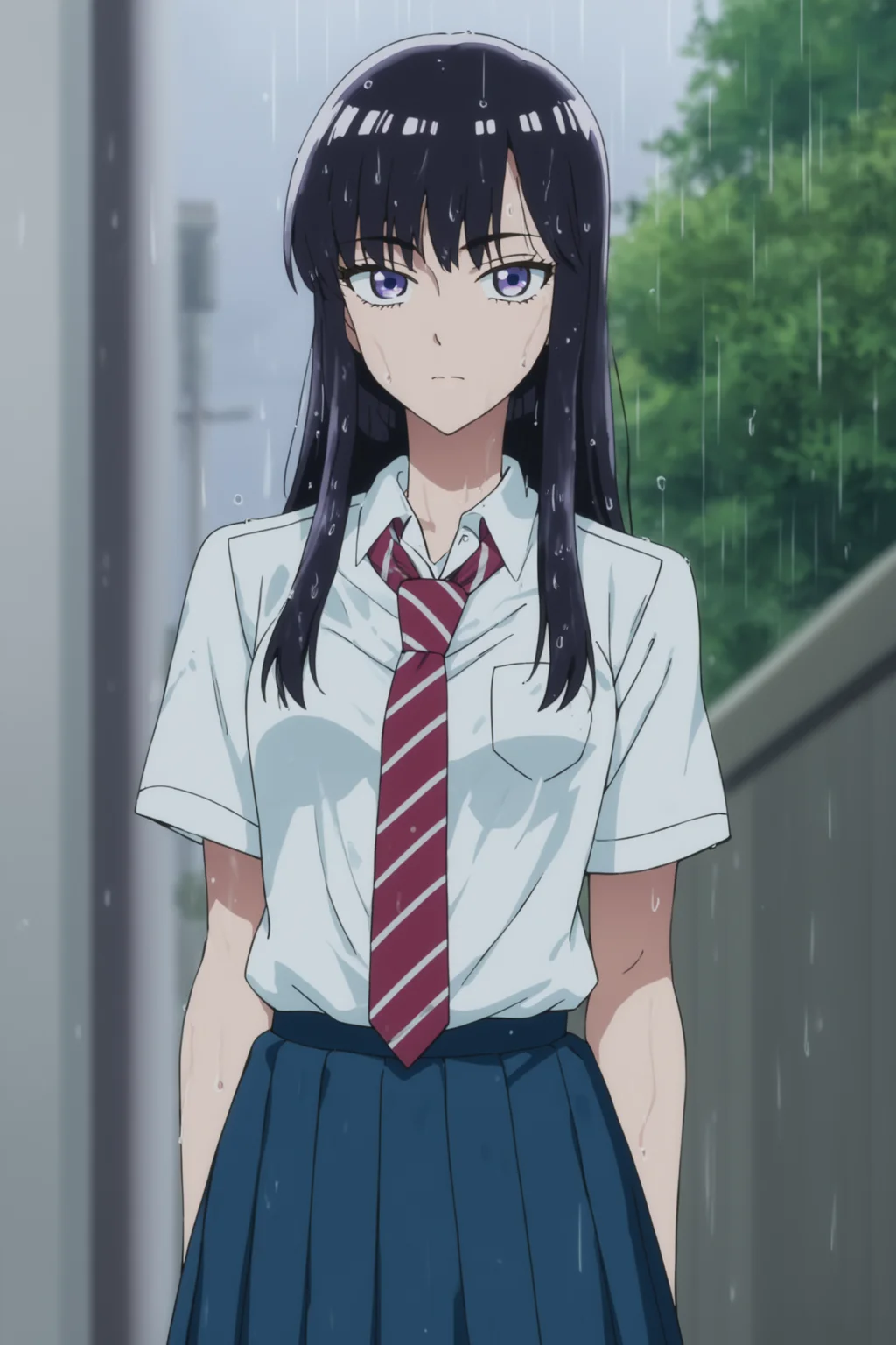 tachibana akira, long hair, black hair, purple eyes, tachibanaschool, school uniform, white shirt, collared shirt, short sleeves, red necktie, striped necktie, pleated skirt, blue skirt, black kneehighs, loafers, <lora:Akira_Tachibana:0.9>, score_9, score_8_up, score_7_up, score_6_up, score_5_up, source_anime, rating_safe, outdoors, raining, wet, wet clothes, 1girl, solo, looking at viewer, (dynamic pose:1.2), (upper body:1.2)