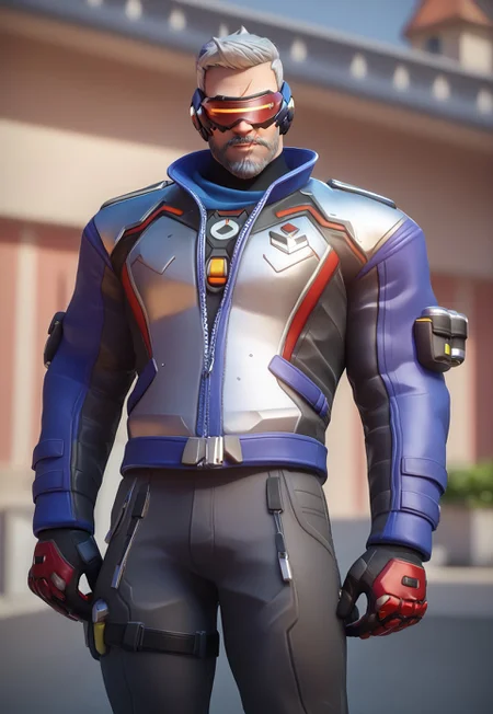 safe_pos, sscore_9, score_8_up, score_7_up, masterpiece, best quality, ultra-detailed, very aesthetic, 3d, ultra detailed eyes, 1male, mature male, muscular, bara, defined face, masculine face, face, soldier 76 \(overwatch\), new76, short hair, white hair, visor, facial hair, (beard, mustache: 1.3), scar on face, scar on mouth, large pectorals, jacket, long sleeves, black pant, gloves, boot, detailed background, depth of field, blurry background, looking at viewer,