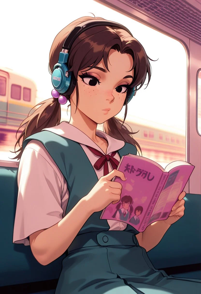 masterpiece, best quality, amazing quality, very aesthetic, absurdres, newest, amazing detail, intricate detail, masterpiece, best quality, n3oarc4na, 1girl, hikarihoraki, brown hair, twintails, freckles, hair bobbles, long hair, black eyes, ribbon, short sleeves, suspender skirt, tokyo-3 middle school uniform, train, book, holding, reading, headphones,