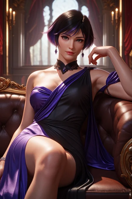 score_9, score_8_up, score_7_up,
<lora:TKReina:0.8>
TKReina, 1girl, black hair, purple hair, multicolored hair, short hair, looking at viewer, reclining on a vintage chaise lounge, one arm draped over the back, elegant ballroom with crystal chandeliers, soft ambient lighting, luxurious and sophisticated setting