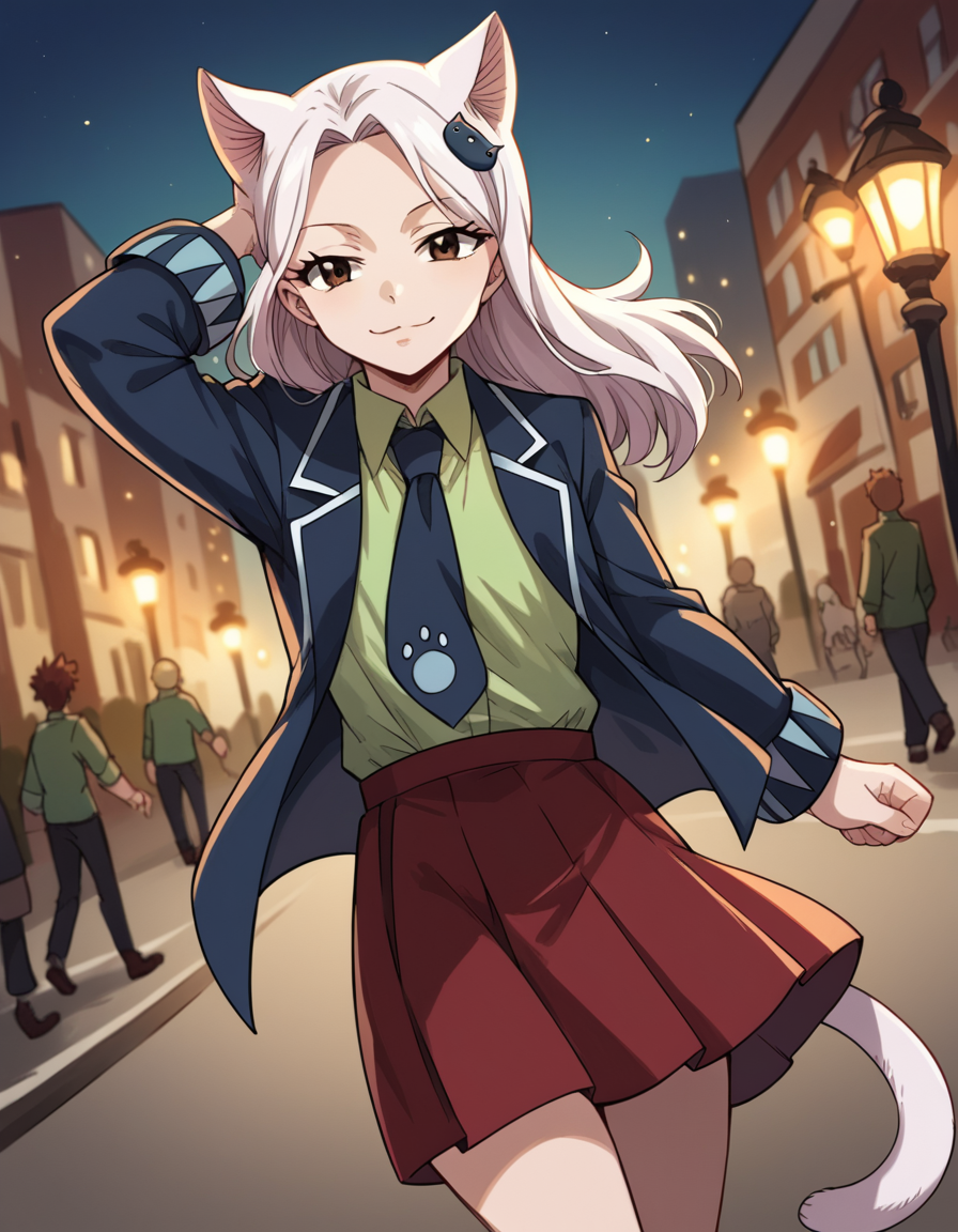score_9, score_8_up, score_7_up, source_anime, <lora:fairytail-carla-anime-ponyxl-lora-nochekaiser:1>, fairy tail carla, long hair, hair ornament, animal ears, brown eyes, white hair, cat ears,, skirt, school uniform, jacket, tail, necktie, red skirt, shirt, green shirt, collared shirt, long sleeves,, city street, evening, streetlights, walking dog, quiet neighborhood, gentle breeze, smile, looking at viewer, arm raised above head, solo,, cowboy shot, dutch angle