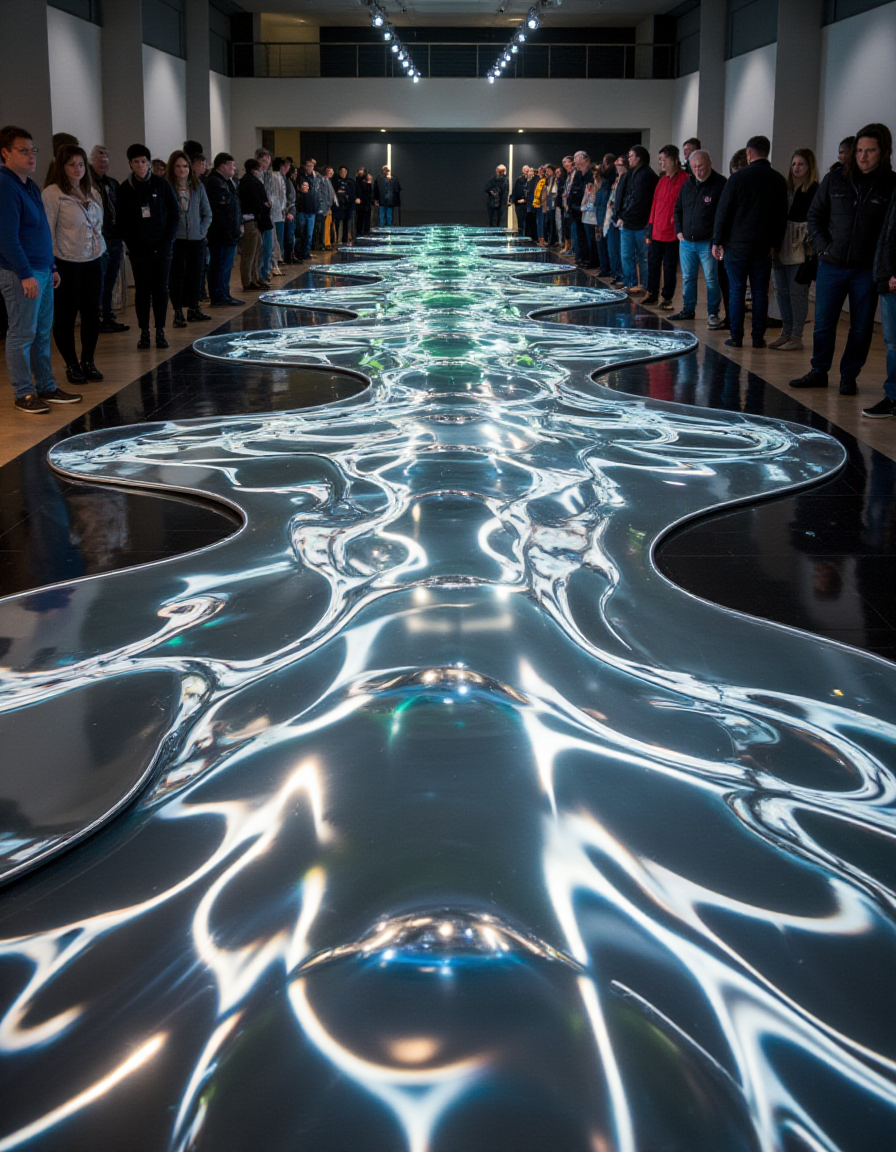 A mirrored floor installation in an atrium, overlaid with transparent, rippling resin sheets. Hidden motors cause the resin to undulate gently, while overhead spotlights create shimmering light patterns reminiscent of sunlight dancing on water. The mirrors amplify the effect, creating the illusion of endless, fluid motion beneath the viewer's feet. Onlookers gather around the edges, peering down as if looking into a boundless, glowing ocean.
<lora:ral-kntcscptr-flux:1>