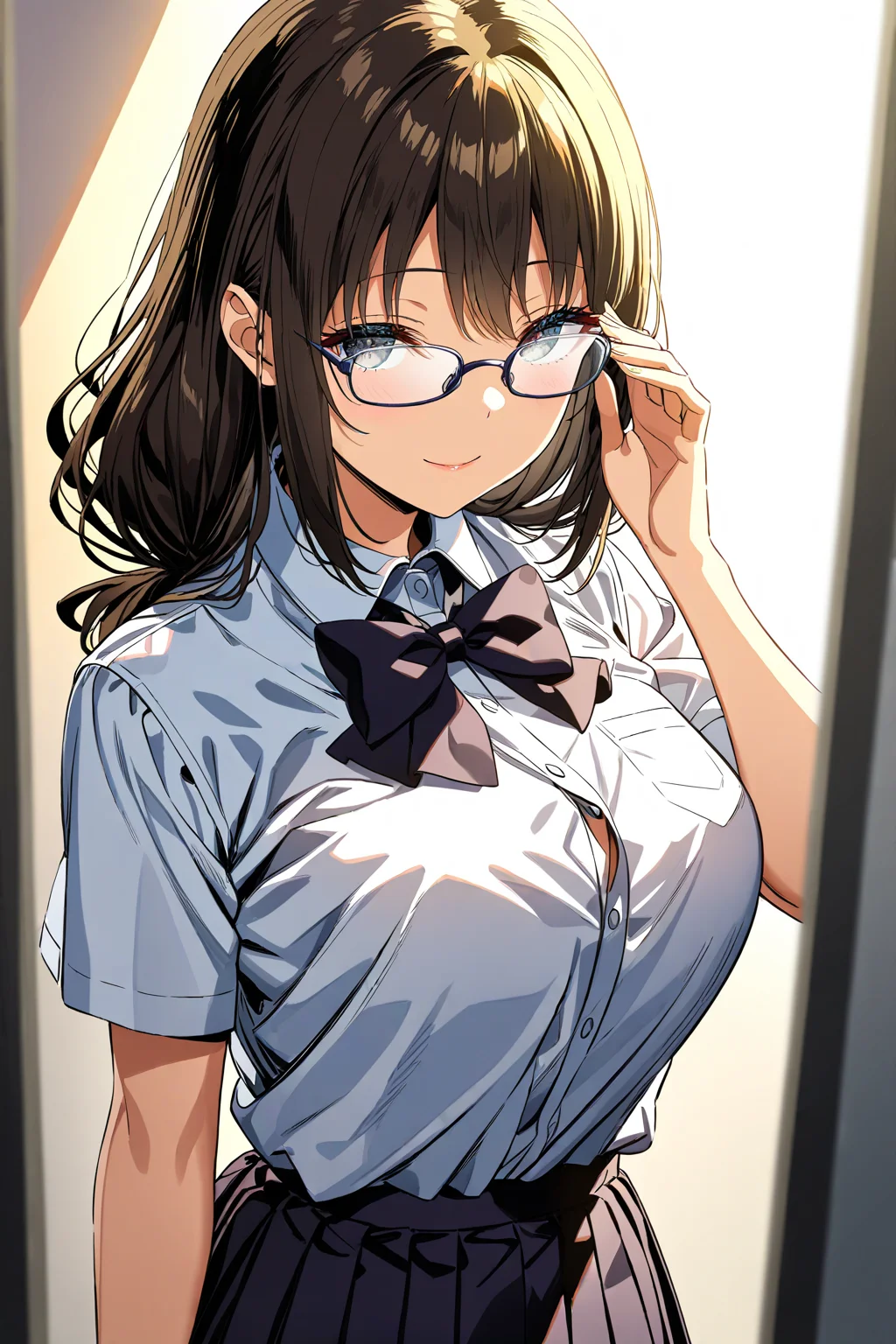 16k, 8k, 4k,
best quality, extremely detailed fine touch, hyper detailed, highly detailed, top quality, extreme quality, ultra details, absurdres, masterpiece, amazing details, beautiful illustration, detailed face,
source_anime, digital painting, anime,
very aesthetic, natural light, sun light, light rays, dappled light, reflection, shadows, ray tracing, soft lighting,
bright colors, vivid colors, hdr, volumetric lighting,
<lora:yurie2(sdxl):1.0> yurie, 1girl, adjusting eyewear, grey eye, black bow, black skirt, bow, bowtie, breasts, cowboy shot, eyebrows visible through hair, glasses, large breasts, long hair, looking at viewer, pleated skirt, school uniform, shirt, shirt tucked in, short sleeves, skirt, smile, solo, tented shirt, white shirt