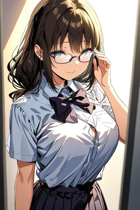 16k, 8k, 4k,
best quality, extremely detailed fine touch, hyper detailed, highly detailed, top quality, extreme quality, ultra details, absurdres, masterpiece, amazing details, beautiful illustration, detailed face,
source_anime, digital painting, anime,
very aesthetic, natural light, sun light, light rays, dappled light, reflection, shadows, ray tracing, soft lighting,
bright colors, vivid colors, hdr, volumetric lighting,
<lora:yurie2(sdxl):1.0>  yurie, 1girl, adjusting eyewear, grey eye, black bow, black skirt, bow, bowtie, breasts, cowboy shot, eyebrows visible through hair, glasses, large breasts, long hair, looking at viewer, pleated skirt, school uniform, shirt, shirt tucked in, short sleeves, skirt, smile, solo, tented shirt, white shirt