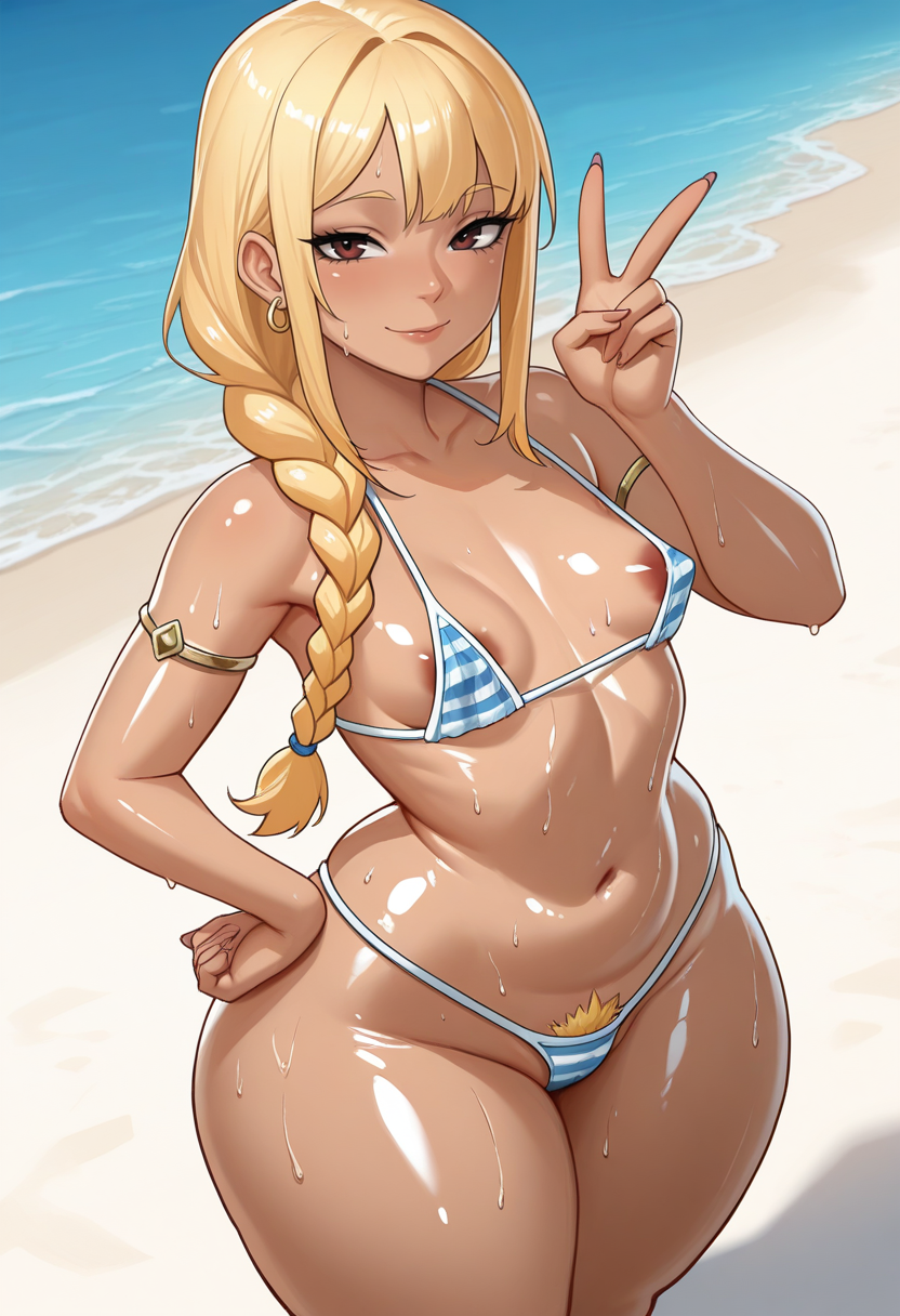 masterpiece, best quality, S4s4k1Nsfw,
 <lora:69_Marshviolet8:1> 1girl, solo, portrait, standing, hand on own hip, v, shiny skin, sweat, looking at viewer, light smile, small breasts, thick thighs, curvy, gyaru, blonde hair, long braid, sidelocks, bikini, micro bikini, striped bikini, areola slip, pubic hair peek, armlet, earrings, hoker, jewelry, outdoors, beach,