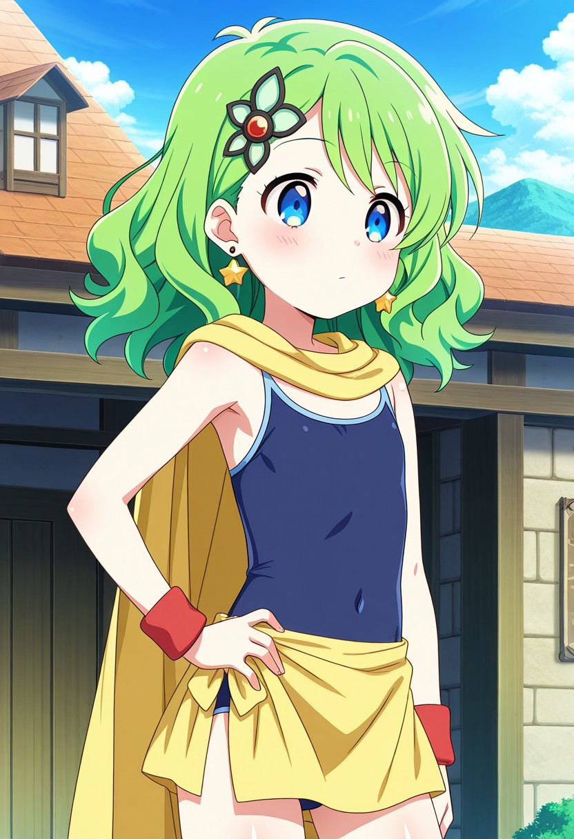 official art, detailed anime, ultra detailed anime art, anime screencap, screencap, score 9, score 8 up, score 7 up, masterpiece, anime coloring, source anime,
BREAK
RydiaMage, 1girl, solo, green hair,  blue eyes, short hair, aged down, flat chest, shiny skin, smoothy skin,
BREAK
stylized hair ornament, cape, jewelry, blue leotard, skirt, sarong, star earrings, yellow cape, bracelet, covered navel, thighs, wristband, skintight, large hair ornament, red ankle boots,
BREAK
cowboy shot, standing, 1hand on hip, day, generic fantasy town, detailed background,