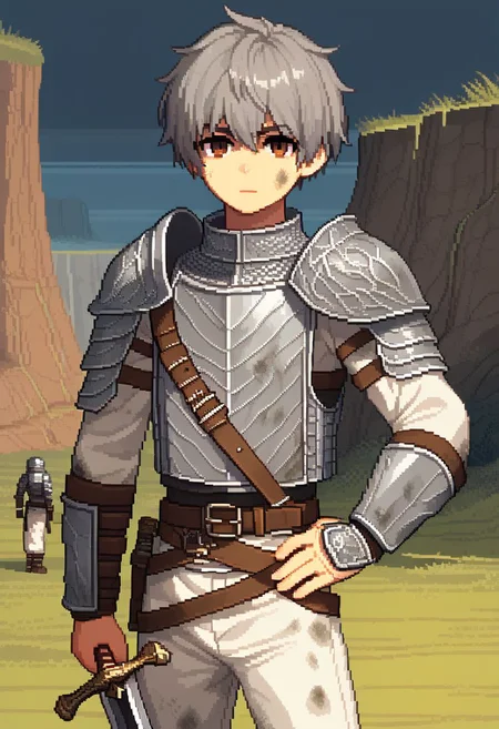 Pixel_Art,
solo, 1boy, bangs, pauldrons, cowboy shot, grey hair, very short hair, brown eyes, shoulder armor, white pants, white sleeves, grey armor, armor, male focus, weapon, sword, standing, hand on hip, pants, belt, sheathed, sheath, looking at viewer, holding, long sleeves, dirty, scabbard, chainmail, arm at side, vambraces, faulds, gorget, outdoors, canyon, night