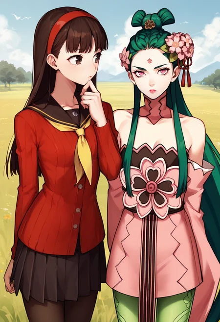 score_9, score_8_up, score_7_up, source_anime, 2girls, cowboy shot, outdoors, field BREAK
hand on own chin, thinking, <lora:persona4_amagi_ponyXL:0.75> yukikodef, red hairband, school uniform, red sweater, red cardigan, black sailor collar, yellow neckerchief, long sleeves, black skirt, black pantyhose BREAK
unamused, looking at viewer, <lora:zs_KonohanaSakuyaXL:0.75> konohanasakuyasmt, green hair, very long hair, pink eyes, lipstick, hair flower, forehead mark, choker, pink dress, japanese clothes, detached sleeves, green pantyhose