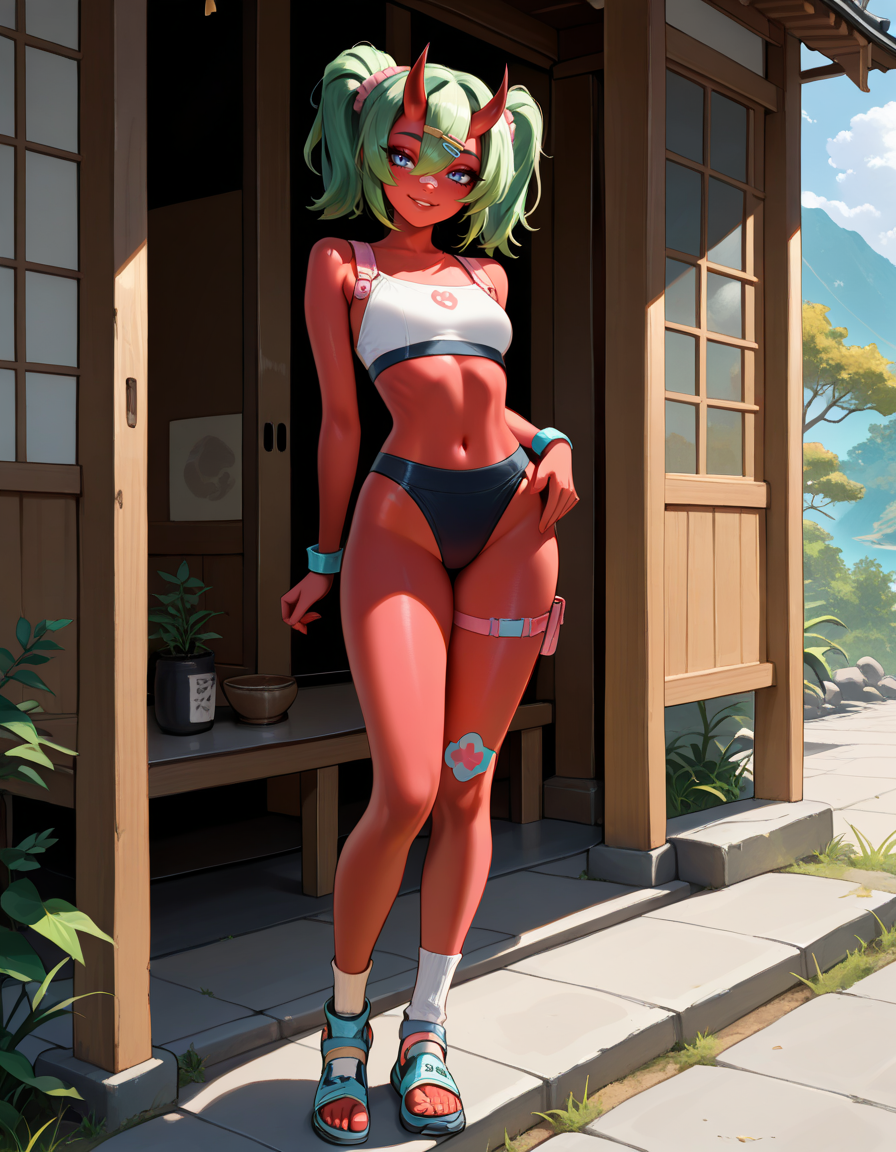 masterpiece, best quality, very aesthetic, absurdres,
outdoors,
full body, standing, posing, 
seductive smile, parted lips, long eyelashes,
 <lora:Nemia_v01_NAIXL:1>,
N4m14,1girl,solo,green hair,oni horns,twintails,hair ornament,hairclip,hair between eyes,blue eyes,bandaid on face,colored skin,red skin,
