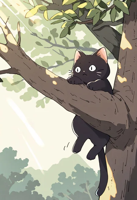 (masterpiece, best quality, high quality, highres), very awa, highres, absurdres,
chii-kun \(seedyoulater\), naguru \(cyoroama\), 
(cat:1.2), black cat, (no humans:1.1), paws, fur, (cute:1.2), comfy, solo, 
scared, stretching, OO,
tree branches, day, sunlight, sun rays, beautiful background,