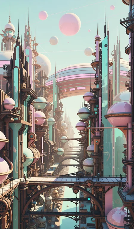 pastel colors, translucent society, ancient probes, retrofuturistic city, steampunk, parallel lines
