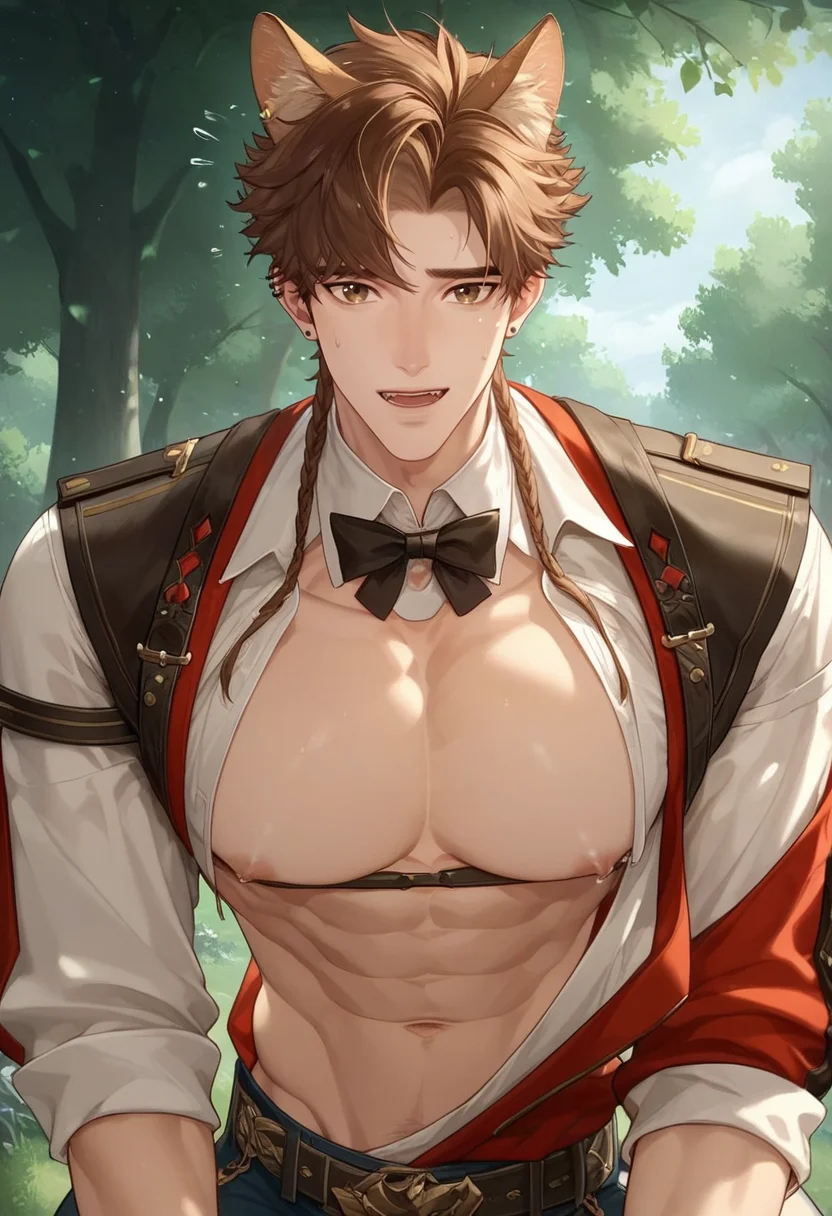 score_9,score_8_up,score_7_up,1boy,solo,yaoi,bara,male focus,fairly nsfw,uncersored,highres,best quality,amazing quality,best aesthetic,absurdres,<lora:add-detail-xl:1>,<lora:Expressive_H:1>,Expressiveh,<lora:sunce:0.7>,sunce,looking at viewer,animal ears, embarrassed, white shirt, open clothes, outdoors,