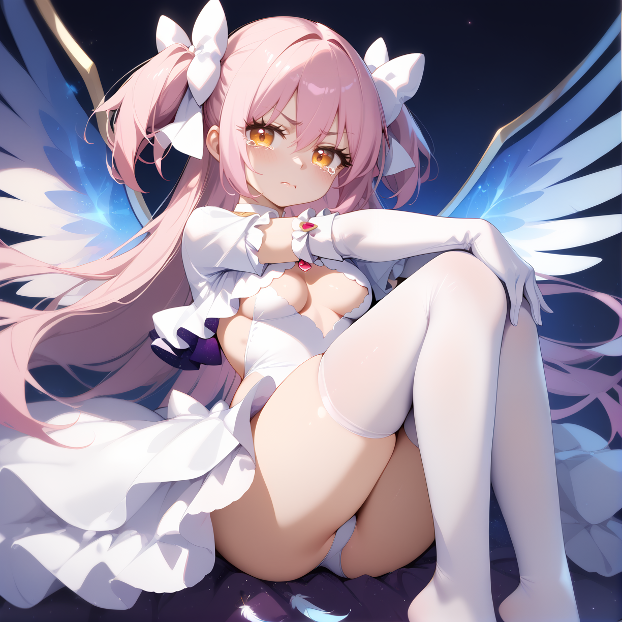 (score_9,score_8_up,score_7_up) BREAK uncensored BREAK 1girl,solo,(medium breasts:1.4),
disgust,scowl,closed mouth,tears,
BREAK
BREAK feet,(foot_focus:1.3),
BREAK
BREAK
BREAK
BREAK
BREAK Feather wings,
BREAK <lora:madoka_god:1>,
(ultimate madoka,kaname madoka,long hair,pink hair,very long hair,bangs,hair between eyes,two side up,white bow,yellow eyes),(choker,white choker,gloves,white gloves,underboob,underwear,clothing cutout,cleavage cutout,covered navel,wide sleeves,frills,dress,white dress,frilled dress),(thighhighs,white thighhighs),(hugging_own_legs:1.6),