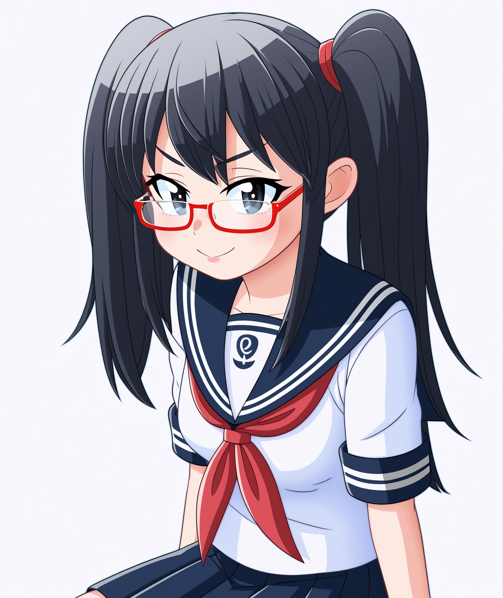 highres, hi res, best quality, masterpiece, 2d, intricate details, official style, anime, 4k, anime style,
1girl, female, solo, glasses, semi-rimless eyewear, 
school uniform, serafuku, sailor collar, sailor fuku, pleated skirt, skirt, white shirt, 
cowboy shot, upper body, sitting, leaning back, looking at viewer, white background, simple background, <lora:Shin1024_Pony:1>,