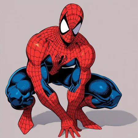 score_9,score_8_up,score_7_up,spider web print, solo, 1boy, , spider-man,male focus, bodysuit, , superhero,crouching,mask