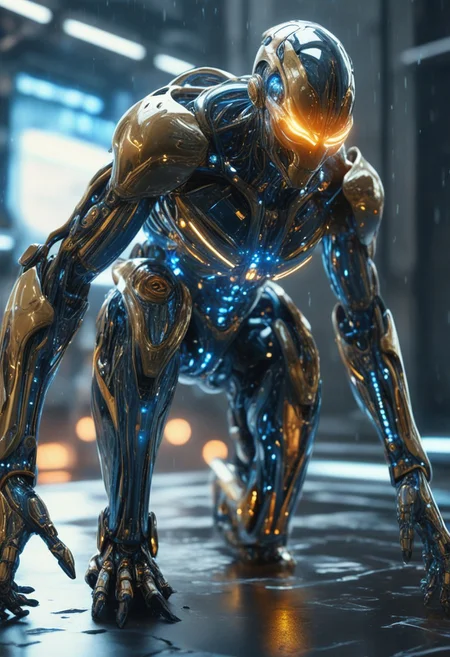 "Hyper-realistic biomechanical humanoid entity, a futuristic cyborg emerging from an electrified void. The figure has a metallic body with intricate liquid-like armor, seamlessly blending organic and machine elements. The surface of its body reflects light with a polished chrome texture, detailed with glowing golden energy veins coursing through its form. Its pose is dynamic, commanding streams of electricity flowing from both hands, illuminating the surrounding atmosphere with bright, crackling energy. The background is a misty cybernetic realm, filled with cascading light rays and digital patterns, creating a sense of infinite depth. The lighting emphasizes the sharp contours of its body, with a blend of cool blue tones and warm amber highlights. The scene exudes power, mystery, and advanced futuristic technology. Ultra-high detail, cinematic composition, 8K resolution, volumetric lighting, and photorealistic textures, inspired by a fusion of science fiction and cyberpunk aesthetics."