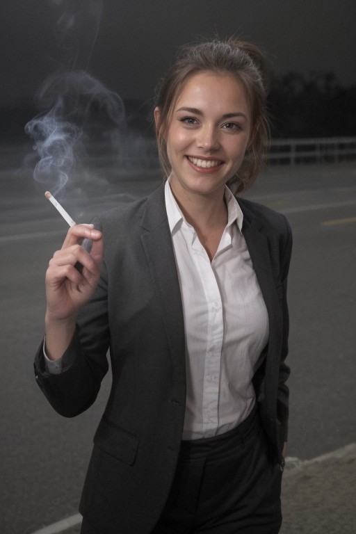 30yo American woman wearing business suit smoking cigarette
Dark black smooth long hair ponytail. smiling.
Looking at camera.
Smoke.
Dynamic varying pose.
Outside bussiness. Night time,  
Night time, dark. 
Stable-Yogis-Eye-Detailer-5x