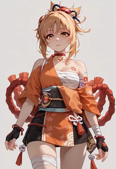 Ijichi_Nijika, thighhighs, gloves, jewelry, japanese clothes, choker, fingerless gloves, kimono, bracelet, sash, tattoo, bandages, obi, rope, asymmetrical legwear, pouch, sarashi, bandaged arm, red choker, arm tattoo, shimenawa, bandaged leg, chest tattoo, hadanugi dousa, orange kimono, single fingerless glove,
yoimiya, bangs, blonde hair, hair ornament, hair between eyes, ponytail, sidelocks, orange eyes, light brown hair,
(score_9, score_8_up, score_7_up), solo, linea alba, (abs:0.1), (abs lines:0.1), fit body, anime-style, digital art