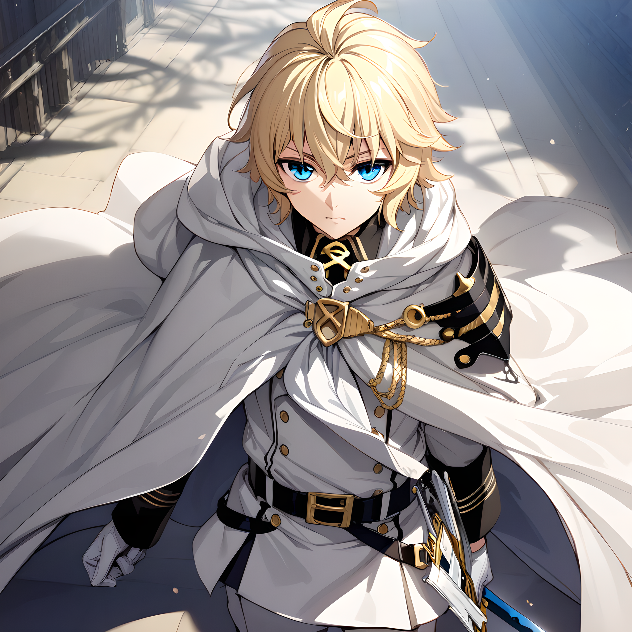 (masterpiece),(best quality),(ultra-detailed),(best illustration),(best shadow),(absurdres),(detailed background),(very aesthetic),hyakuya mikaela, weapon, blonde hair, sword, 1boy, male focus, blue eyes, gloves, uniform, military, military uniform, white gloves, cape, solo, belt, <lora:mikaela:1>