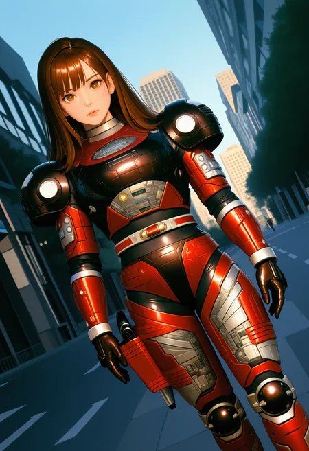 1girl, solo, R3ddle, armor, bodysuit, shoulder pad, gloves, belt, kneepad, holster, brown hair, brown eyes, cowboy shot, dutch angle, looking at viewer, shiny clothes,
outdoors, city,
best quality, very aesthetic, masterpiece,