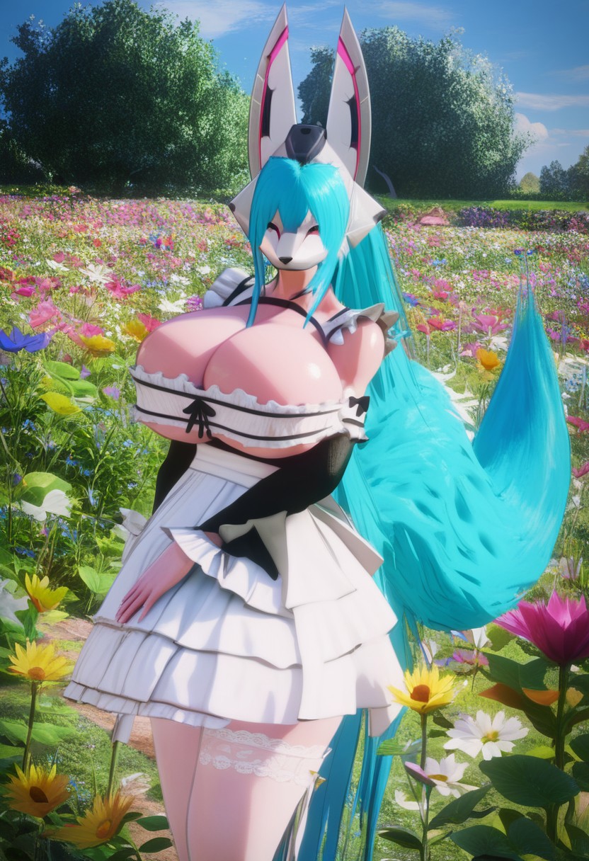 score_10 , score_9_up, score_8_up, score_7_up , score_6_up, vibrant colors, shiny_skin , prefect lighting, detailed image, snoozing , masterpiece , best quality , highly detailed , ultra quality , BREAK ,
 1girl , solo ,, Mistcat , furry female , long ponytail blue hair , fox tail  ,, huge breasts , curvy ,  thicc , cute ,, detailed face , bedroom eyes , smiling , jewelry ,, maid outfit , 
looking at viewer, detailed background , outdoors , garden , flower field , flower pots , plant pots , tree , cinematic composition , dynamic pose ,