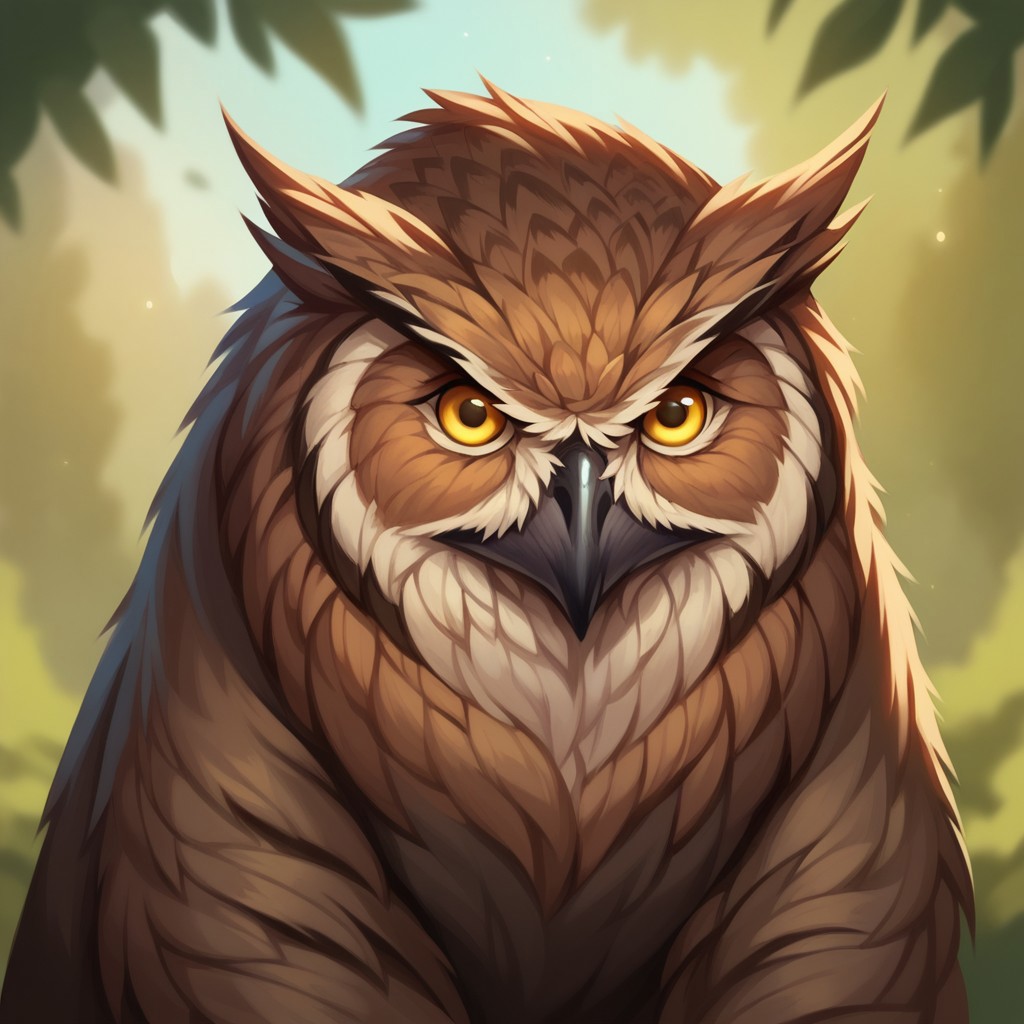 (((detailed, beautiful, high quality))), score_9, score_8_up, score_7_up, solo, 
owlbear, feral, owl's head, bear's body,
1 male, brown fur, yellow eyes,
looking at the viewer, posing,
fantasy background, blurred background, inroom