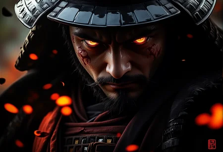 . A close-up of a male Samurai sweat dripping from their brow with detailed armor engravings and embers glowing in the background., <lora:bv-crimson-ronin-style-v1.safetensors:1.0:1.0>
