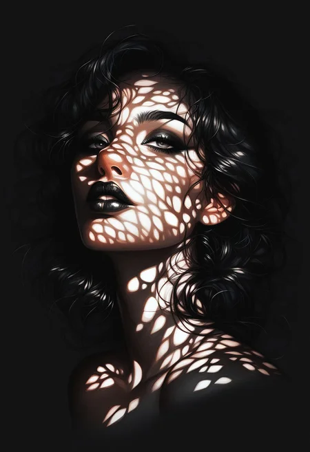 score_9, score_8_up, score_7_up, score_6_up, 1girl, black hair, 23 years old, beautiful, dappled moonlight, lipstick, dark eyeliner, silver light shafts, dark background, portrait, cool color palette, s1_dram