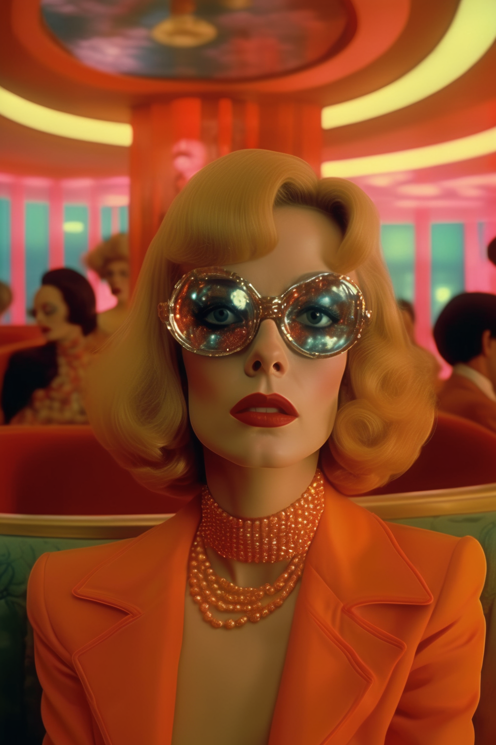 <lora:Director Pedro Almodovar style:1>Director Pedro Almodovar style - Cinematic movie shot directed and  with features like a elegant fantastic 70s las vegas casino hotel room in caesar palace, fashion elegant make up and art direction, beautiful actress women and surreal facial expresion, illumination like the movie enter the void, aesthetic from casino fashion movies 70s ambience directedKubrick, exotic and elegant art direction and actors clothing, people very drunk hard and fierce spitting and sweating alcoholized and lsd trip vibes hallucination, goldfish floating around the space and swimming, mixed colors, armonic and clean composition, mixed soft color palette and cinematic illumination, colored ilumination and good contrast, foggy ambient, hiper realism,  details on textures and faces, elegant art direction and fashion trend capture, shot in film, shot in kodak potra, depth field, deep complex composition, retro film 70s aesthetic grain texture