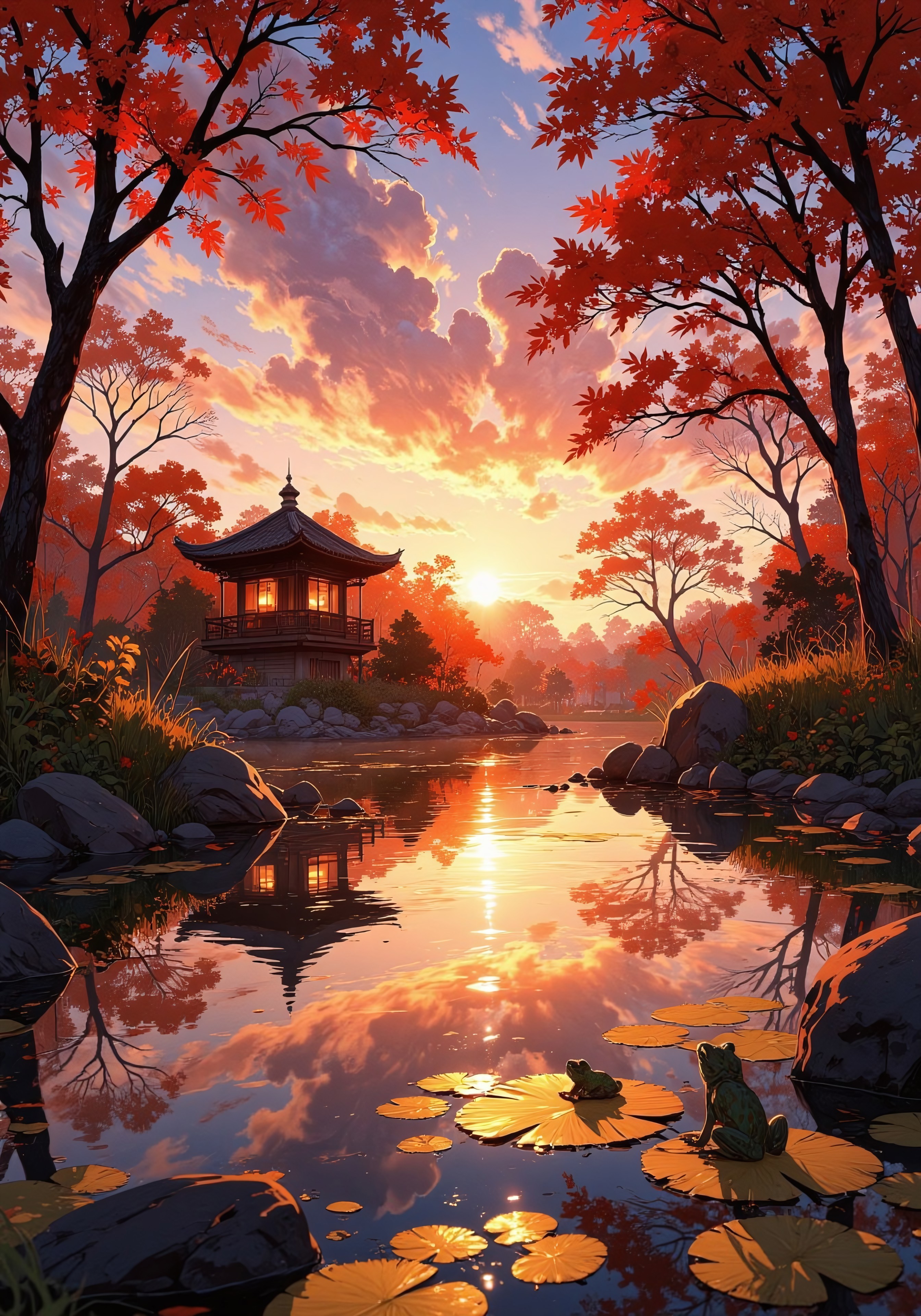 As the sun sets over a quiet autumn garden, the sky turns into a dreamy canvas of lavender, orange, and rose gold. A gentle breeze sends fiery maple leaves dancing across the pond’s surface, where two tiny, speckled tree frogs rest on golden-red lily pads. The water reflects the burning hues of the sky, blending reality with a surreal warmth. In the distance, a small tea house with glowing lanterns invites weary travelers, and the air smells of fallen leaves, warm earth, and faint hints of roasted chestnuts. A scene filled with nostalgia, tranquility, and soft enchantment.
VibrantlySharp style., Anime art
