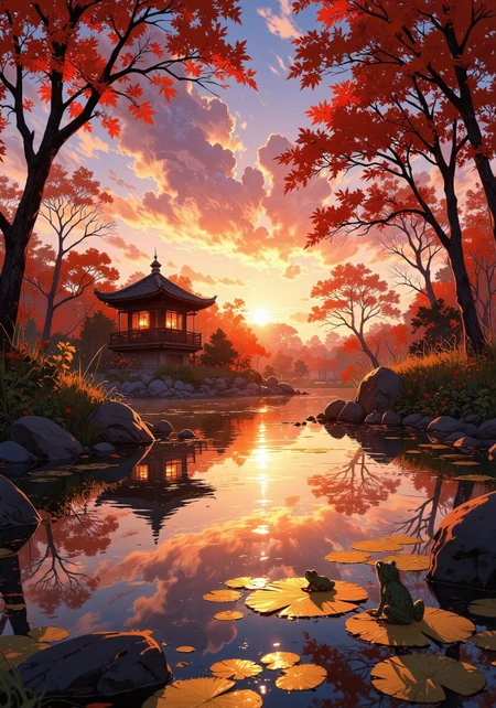 As the sun sets over a quiet autumn garden, the sky turns into a dreamy canvas of lavender, orange, and rose gold. A gentle breeze sends fiery maple leaves dancing across the pond’s surface, where two tiny, speckled tree frogs rest on golden-red lily pads. The water reflects the burning hues of the sky, blending reality with a surreal warmth. In the distance, a small tea house with glowing lanterns invites weary travelers, and the air smells of fallen leaves, warm earth, and faint hints of roasted chestnuts. A scene filled with nostalgia, tranquility, and soft enchantment.
VibrantlySharp style., Anime art