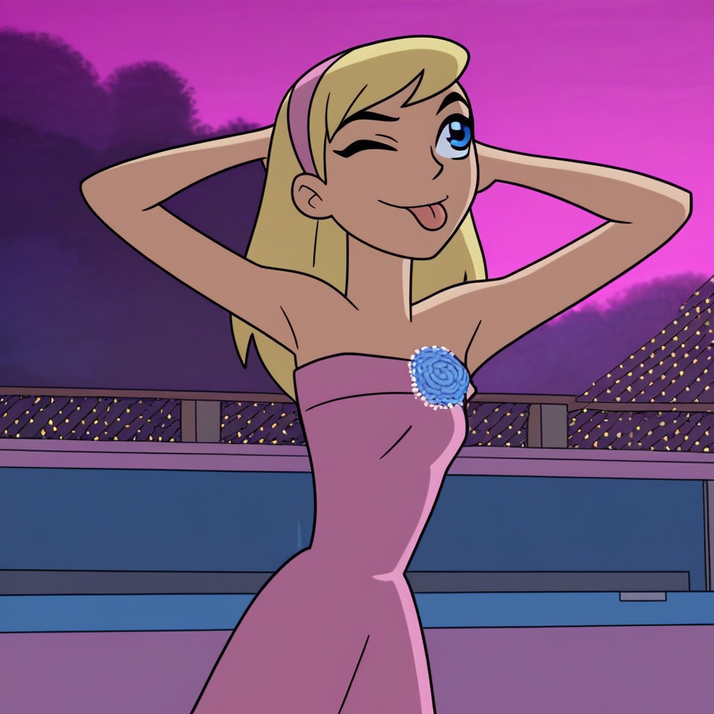 score_9, solo, kit_tt, blonde hair, hairband, blue eyes, strapless dress, hands behind head, one eye closed, tongue out, outdoors