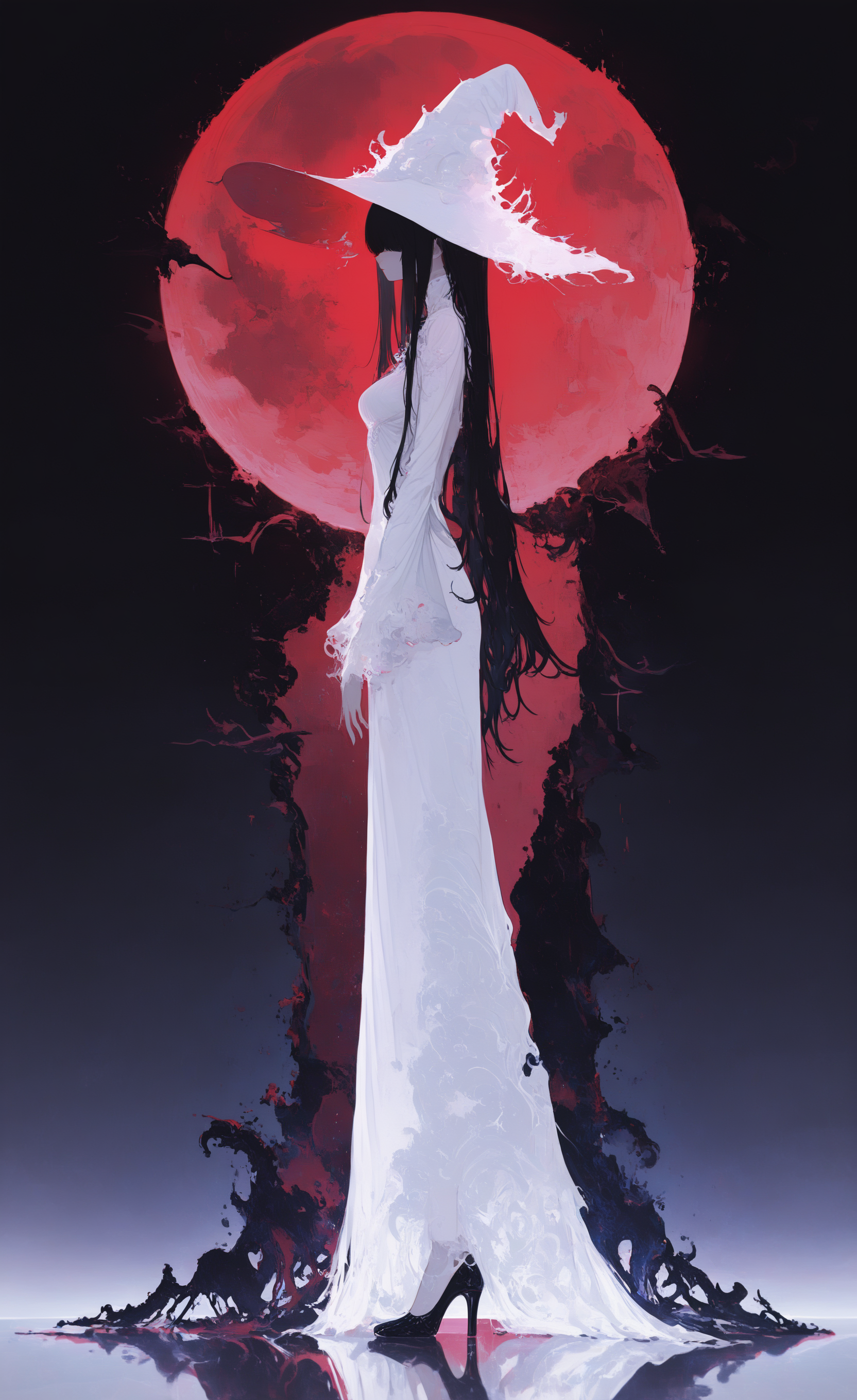 masterpiece,best quality,amazing quality, 1girl, solo, long hair, breasts, black hair, long sleeves, dress, hat, closed mouth, very long hair, standing, full body, black footwear, white dress, from side, high heels, white headwear, witch hat, moon, reflection, long dress, witch, covered eyes, red moon, reflective floor, backlighting, konya karasue <lora:illustriousXL_stabilizer_v1.23:0.3> <lora:NOOB_vp1_detailer_by_volnovik_v1:0.3> <lora:ponyv6_noobE11_2_adamW-000017:0.3> <lora:mon_monmon2133:0.6> <lora:r17329_illuu:0.55> <lora:XXX667:0.7>