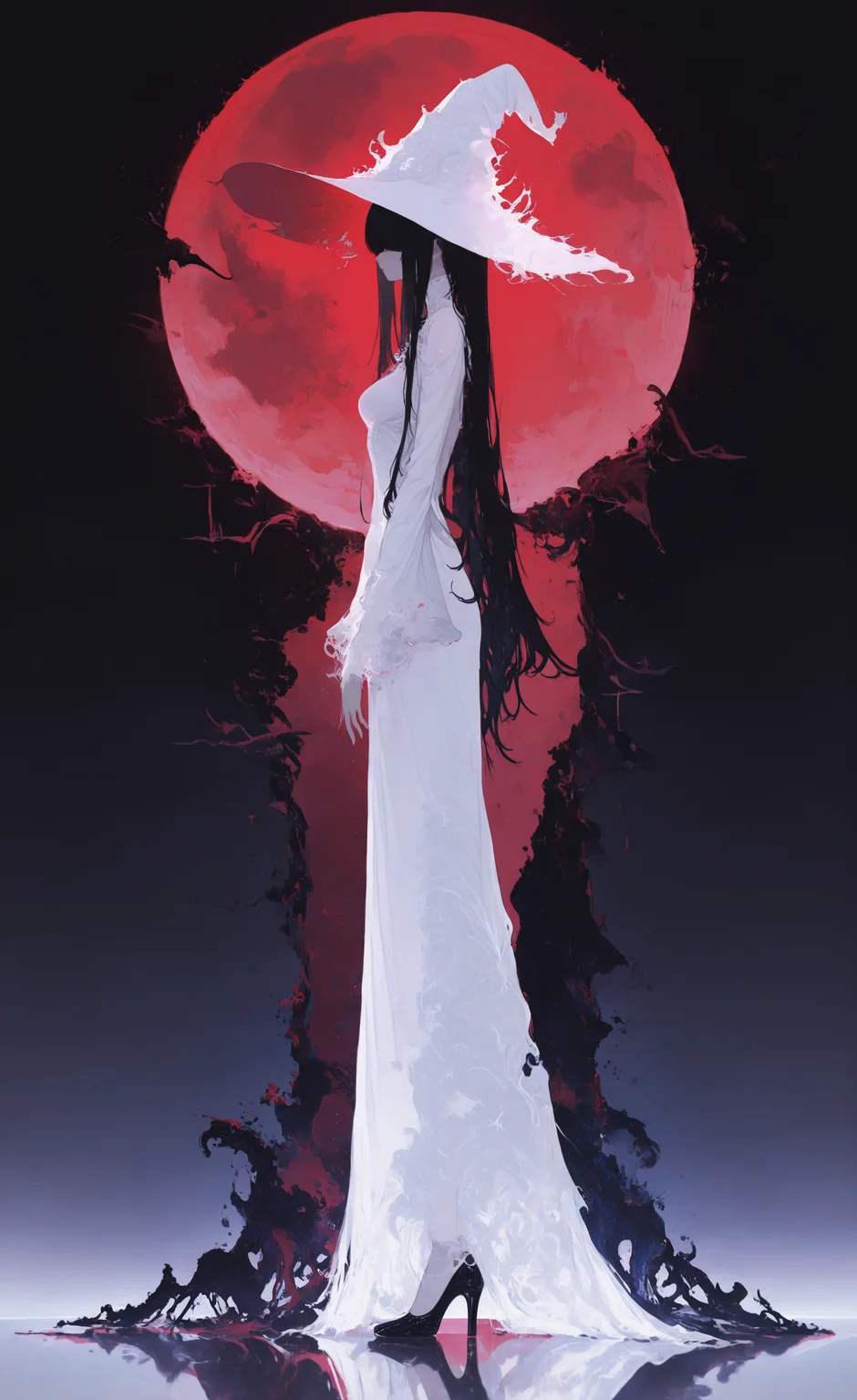 masterpiece,best quality,amazing quality, 1girl, solo, long hair, breasts, black hair, long sleeves, dress, hat, closed mouth, very long hair, standing, full body, black footwear, white dress, from side, high heels, white headwear, witch hat, moon, reflection, long dress, witch, covered eyes, red moon, reflective floor, backlighting, konya karasue <lora:illustriousXL_stabilizer_v1.23:0.3> <lora:NOOB_vp1_detailer_by_volnovik_v1:0.3> <lora:ponyv6_noobE11_2_adamW-000017:0.3> <lora:mon_monmon2133:0.6> <lora:r17329_illuu:0.55> <lora:XXX667:0.7>