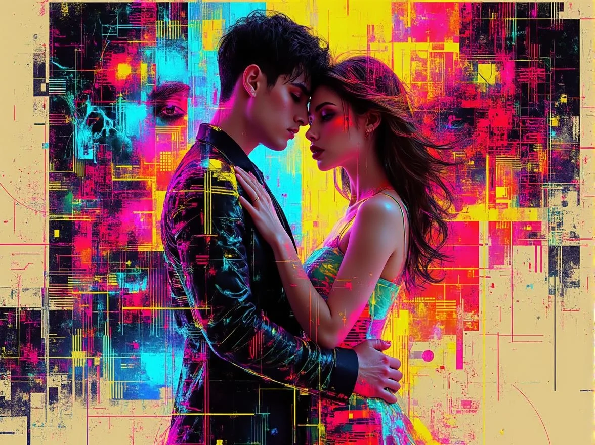 <lora:75AFD6A69FC1803F7777A83216707C18C347745D4ADFE6104F079F11233654C3.safetensors:1> cbr-styl
In a bold homage to the graphic brilliance of 1960s and 1970s poster art, the scene unfolds with a dynamic tension between figurative and abstract elements. The couple, rendered in smooth, sharply defined lines, stands at the forefront, their forms entwined in a captivating embrace. The man, around 35 with a strikingly strong jawline and short, dark hair, wears a sleek, form-fitting jumpsuit in a gradient of deep crimson and fiery orange. The woman, a few years younger, with flowing auburn hair and almond-shaped eyes, dons a fluid dress that transitions from vibrant teal to electric yellow.
Their bodies, though simplified into iconic shapes, retain a sense of fluidity and movement. The zebra stripes, now transformed into stylized, graphic patterns, wrap around them, creating a surreal, almost ethereal bond. Snakes and tentacles, rendered in flat, bold colors, weave through the patterns, adding a mystical, otherworldly element to the composition. The snakes, with their glossy, smooth texture, curl around the figures, their scales shimmering in vibrant gradients of blue and red.
The background, a whirlwind of swirling patterns and intricate designs, is filled with dynamic, unnatural color pairings. The hues shift from vibrant yellows to deep crimson, from fiery oranges to teal blues, creating a sense of movement and energy. Halftone-like textures add subtle shading and visual interest, enhancing the flat yet evocative color blocks.
Dramatic, hard-edged highlights and deep shadows cast the figures in a cinematic light, emphasizing their rebellious, nostalgic energy. The overall composition, simplified yet iconic, exudes a timeless cool, merging the surreal and the abstract into a visually striking and emotionally resonant piece.