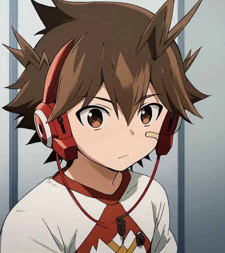 score_9,score_8_up,score_7_up,score_6_up,score_5_up,score_4_up,source_anime,
1boy,solo,solo focus,male focus,male child,early teen,<lora:PonyCharacter-TodorokiKakeruPerson:1>,TodorokiKakeruPerson,brown hair,brown eyes,spiked hair,headphones,hair between eyes,ahoge,bandaid on face,