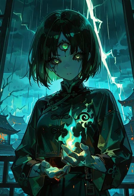 masterpiece,best quality, amazing quality, Chiaroscuro Lighting Style, dramatic lightng, absurdres, Classical Chinese Brush and Ink, 1girl, solo, glowing third eye, green third eye, gloomy night, lightning, raining flame, burning rain, bob cut, green undertone, black sclera, black sclera eyes, black obsidian skin, battle stance, green flame combustion on hand, massive green flame eldritch on palms, holding fire, dynamic pose, close up