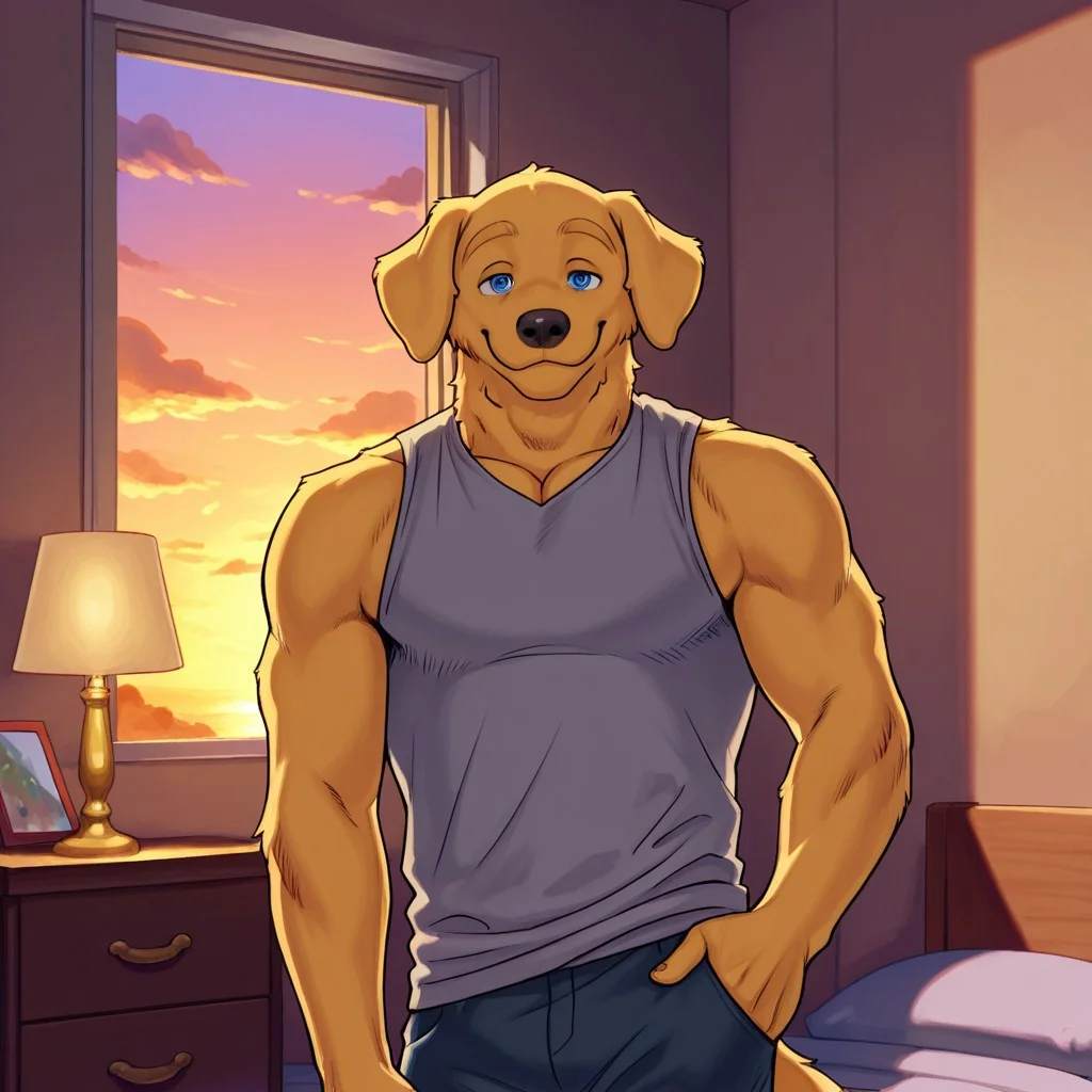 <lora:Travis_PeakeILLXL-05:0.7>, travis_(meesh), blue eyes, dog boy, golden retriever, short hair, 1boy, solo, looking at viewer, best quality, high quality, intricate details, (detailed eyes, detailed), detailed background, bedroom, lamp, window, sunset, clouds, inside, indoors, digital media, (soft shading), muscular male, bara, athletic build, pectorals, large pectorals, grey shirt, sleeveless, pants, smile, pose, posing, feet out frame, close-up