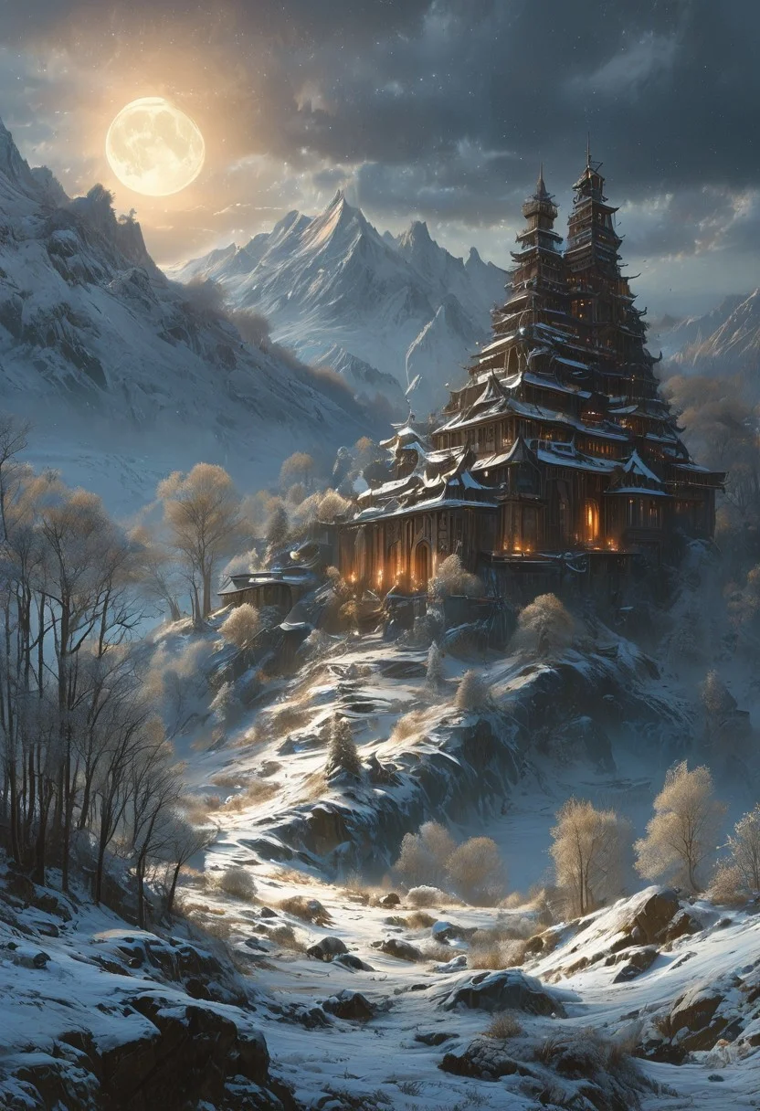 A captivating night scene illustration featuring a grand WOODEN norse long house standing tall on a large snowy hill overlooking a lake. The beautiful long house adorned with some windows, emits a warm glow, highlighting its incredible craftsmanship. The snowy hill is covered in great pine trees, reflecting on the calm, moonlit snow that mirrors the silvery moonlight. The full moon graces the sky, casting an ethereal glow on the clouds and mountain, while wispy clouds partially obscure its brilliance, adding to the scene's mystique. Twinkling stars dot the sky, creating a celestial tapestry that harmonizes with the moon's radiance. This enchanting artwork captures a serene and peaceful night, where the illuminated WOODEN Norse longhouse stands resolute amidst the celestial beauty, creating a cinematic experience., illustration, cinematic
<lora:DonM3t3rn1tyXL-v1.1:0.7>, DonM3t3rn1tyXL,
OverallDetailXL <lora:MJ52:0.3> <lora:SDXLFaeTastic2400:0.4> <lora:EpicF4nta5yXL:0.7>