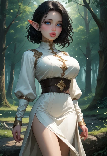 score_9, score_8, score_7, score_8_up, score_7_up, absurdres, highres, AutismMix_confetti, abt, pureerosface_v1, detailed face, Expressiveh, eyedetailxl, bettereyes, detailed eyes, perfection style, uncensored, aesthetic, realistic, detailed, pastel colors, 
BREAK
1girl, solo, 18 year old, aged down,  slender body, blue eyes, (long wavy jet black hair), large breast implants, fake tits, thigh gap, heavy makeup, smokey eyes, thick lips, dsl, beautiful, stunning, blush, shy, (medium cowboy shot), juicy thighs, perfect bubble butt, elf, long pointy ears,
BREAK
((fantasy)), healer, morning, forest road, cleric, armor,  dress, magic effects