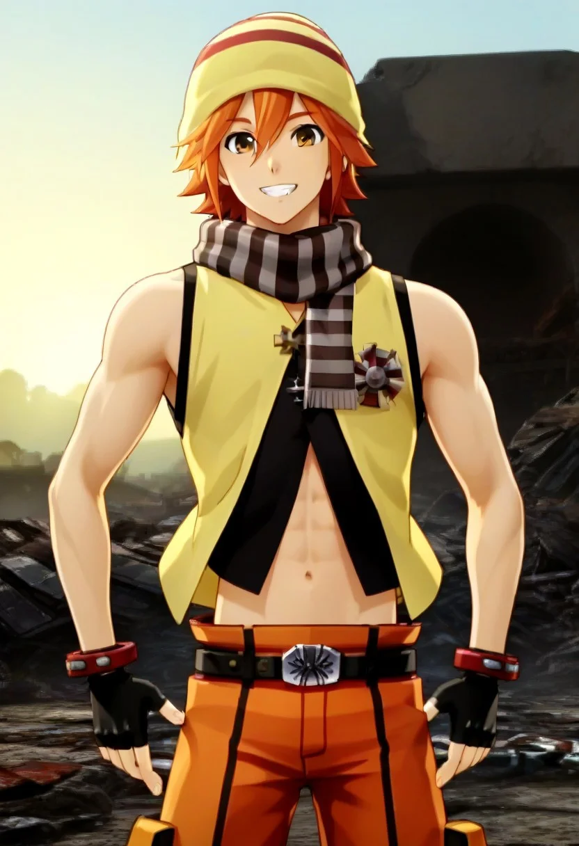 ((masterpiece)), ((best quality)), ((ultra-detailed)), ((absurdres)), score_9_up, score_8_up, score_7_up,
HD, top quality, best quality, amazing quality, High-quality illustrations, anime screencap, source_anime, best aesthetic, perfect proportions, perfect eyes, 1boy, 1male, solo boy, solo male, male focus, solo male focus, Anime, boy, male anime character, anime boy, handsome, sexy, cute, charming, ((tall body, tall height)), ((lean body, slim body)), Kouta Fujiki, red-orange hair, brown eyes, yellow beanie, long striped scarf, yellow and black vest, open vest, sleeveless, midriff, fingerless gloves, red wrist brace, belt, black and orange shorts, ((ciwboy shot, head to hips shot)), ((energetic, happy, smile)), ((epic battleground background, destroyed infrastructures, rubble, debris, sunset sky)), easynegative, updn, Expressiveh, masterpiece, best quality, very aesthetic, absurdres