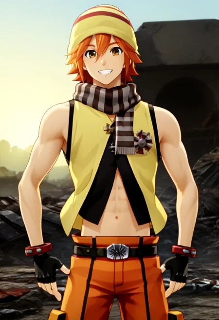 ((masterpiece)), ((best quality)), ((ultra-detailed)), ((absurdres)), score_9_up, score_8_up, score_7_up,
HD, top quality, best quality, amazing quality, High-quality illustrations, anime screencap, source_anime, best aesthetic, perfect proportions, perfect eyes, 1boy, 1male, solo boy, solo male, male focus, solo male focus, Anime, boy, male anime character, anime boy, handsome, sexy, cute, charming, ((tall body, tall height)), ((lean body, slim body)), Kouta Fujiki, red-orange hair, brown eyes, yellow beanie, long striped scarf, yellow and black vest, open vest, sleeveless, midriff, fingerless gloves, red wrist brace, belt, black and orange shorts, ((ciwboy shot, head to hips shot)), ((energetic, happy, smile)), ((epic battleground background, destroyed infrastructures, rubble, debris, sunset sky)), easynegative, updn, Expressiveh, masterpiece, best quality, very aesthetic, absurdres