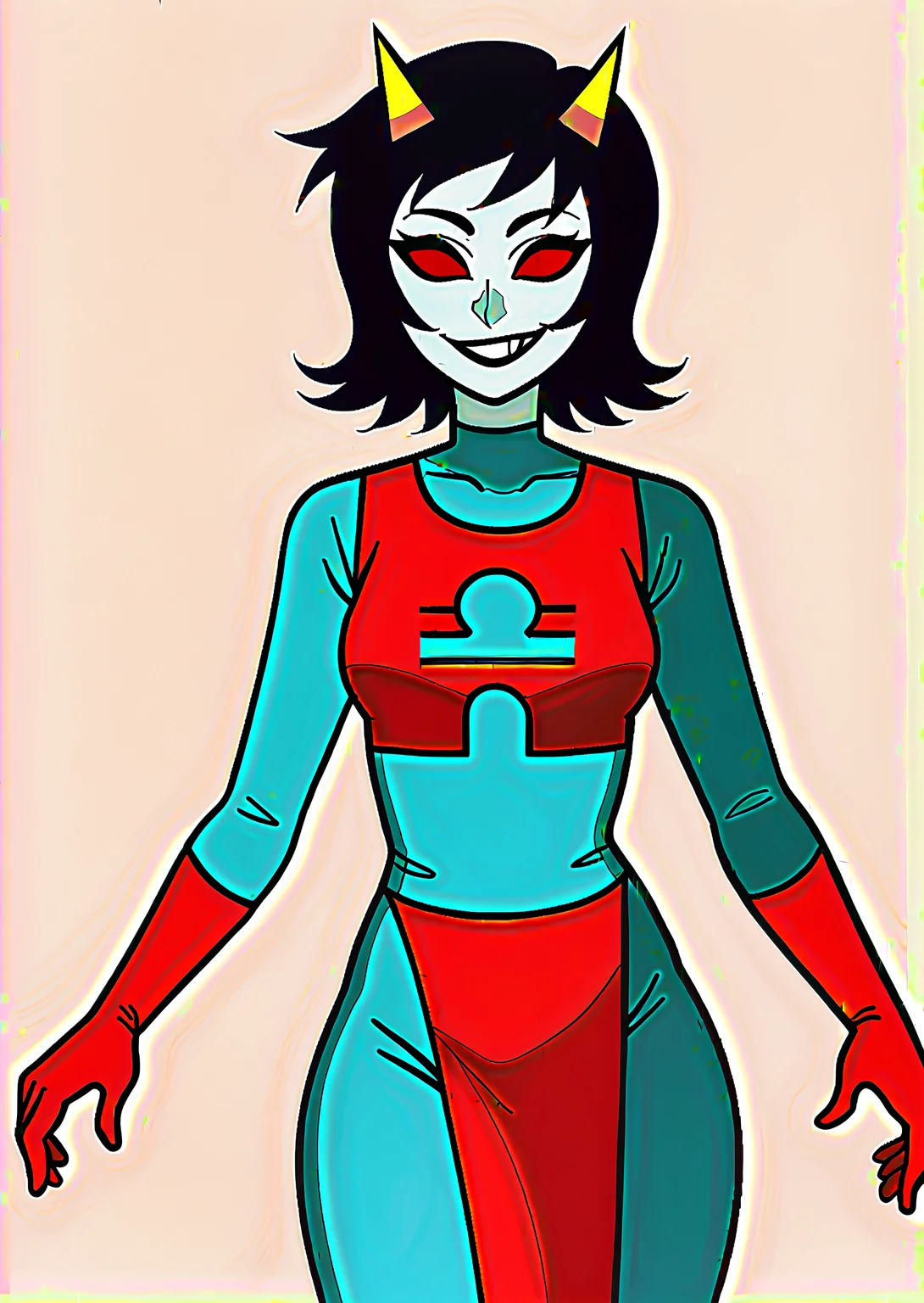 score_9, score_8_up, score_7_up, score_6_up, score_5_up, score_4_up, thick lines, anime, masterpiece, 1girl, terezi pyrope <lora:TereziPony2-000010:1>, redglare, smile, grin, colored skin, grey skin, medium hair, black hair, horns, bodysuit, red gloves, standing, multicolored bodysuit, red bodysuit, aqua bodysuit, red vest, pelvic curtain, red sclera BREAK source_anime