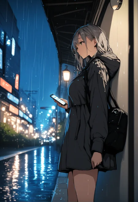 score_9, score_8_up, score_7_up, score_6_up, source_anime, <lora:BLE 0.1v:1>, 
BLE, 1girl, solo, long hair, long sleeves, tall female, large breasts, dress, holding, standing, jacket, grey hair, outdoors, hood, bag, blurry, from side, feet out of frame, blurry background, night, depth of field, phone, cellphone, smartphone, hood up, holding phone, rain, city, looking at phone, train station, leaning back, against wall, green eyes,